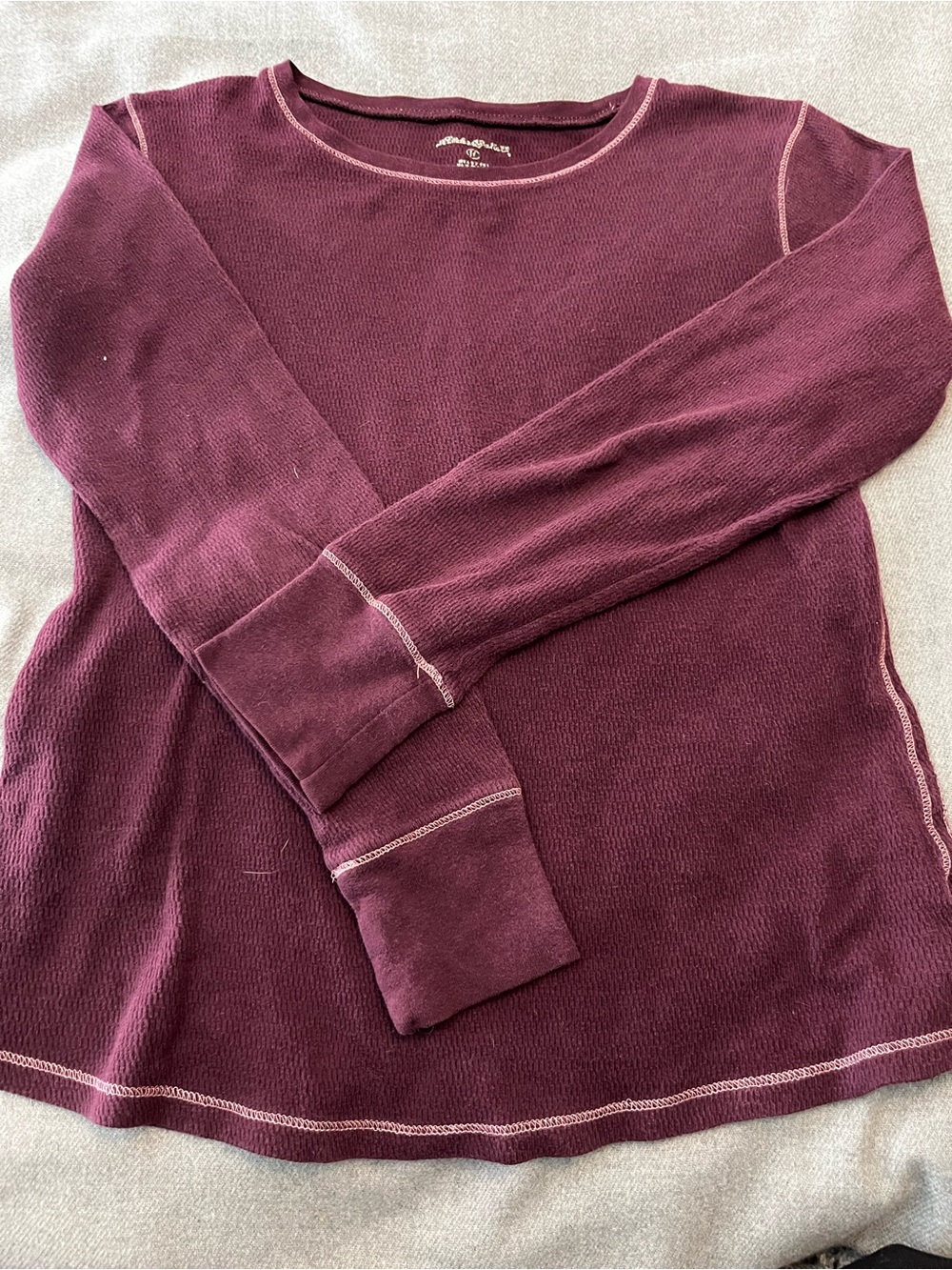Eddie Bauer Waffle Knit Long Sleeve Top in Plum with Pink Contrast Stitching